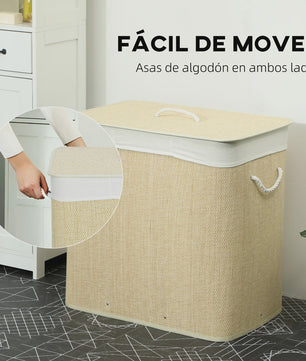 Homcom Bamboe Wasemmer met Deksel & 3 Vakken - 144L, Afneembare Voering, Handvatten - 60x40x60 cm
