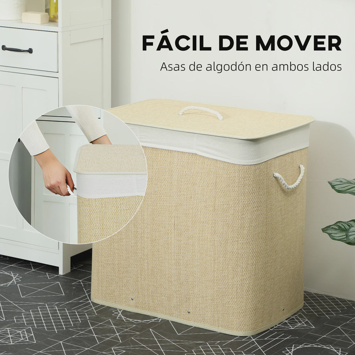 Homcom Bamboe Wasemmer met Deksel & 3 Vakken - 144L, Afneembare Voering, Handvatten - 60x40x60 cm