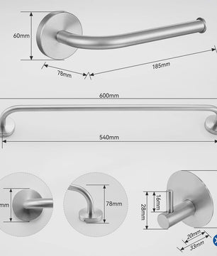 60cm Wandrek met Toiletrolhouder en 4 Haken - Complete RVS Badkamer Set