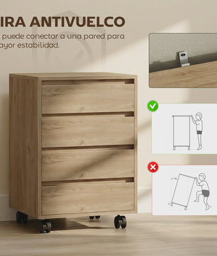 Mobiele Ladekast met 4 Lades - Bureau Ladekast op Wielen - 46x40x65 cm - Bruin