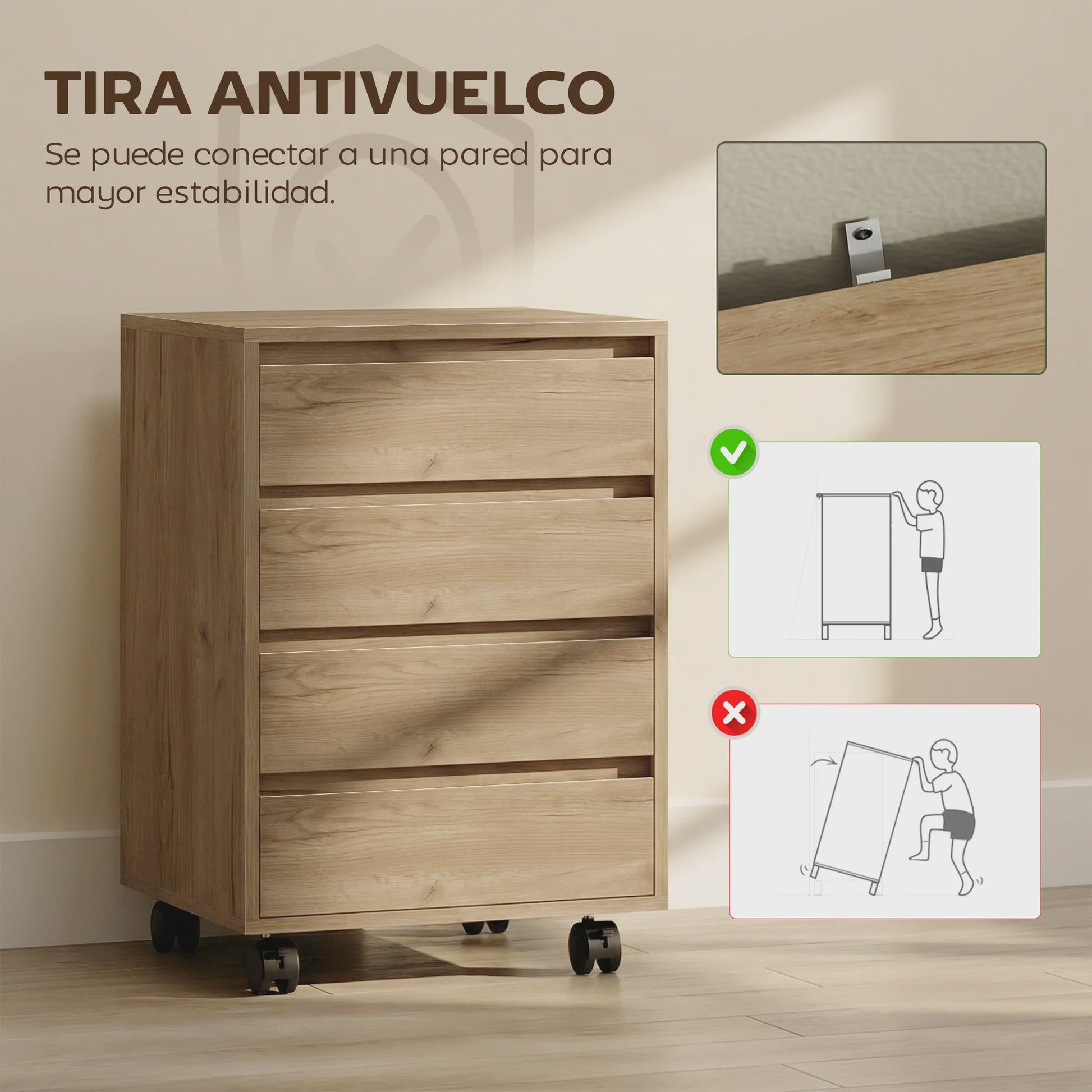 Mobiele Ladekast met 4 Lades - Bureau Ladekast op Wielen - 46x40x65 cm - Bruin