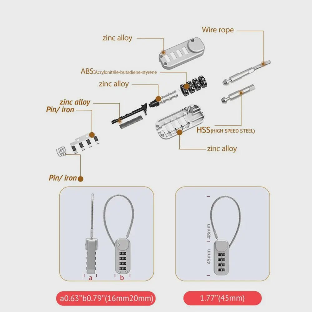 4-Cijferig Zinklegering Combinatieslot met Staalkabel - Anti-diefstal Hangslot voor Rugzak, Bagage & Reizen