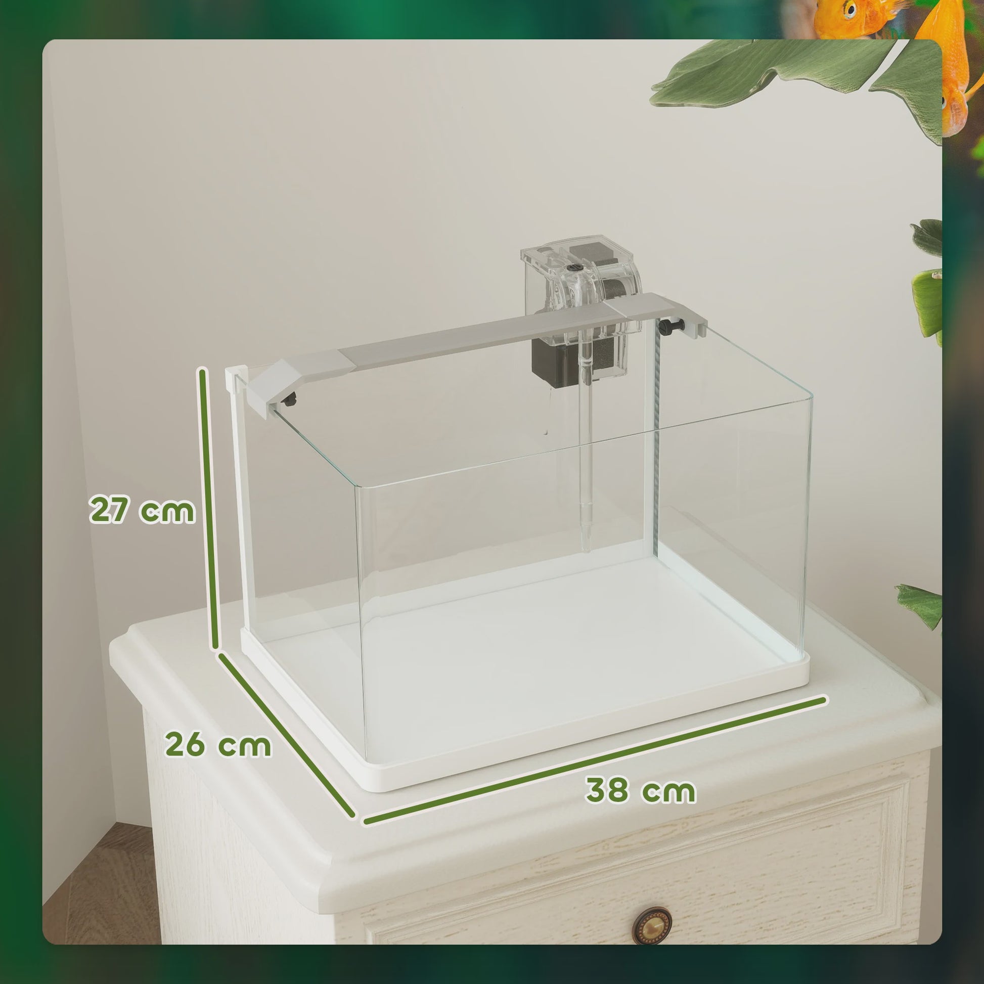 PawHut Glazen Aquarium met LED Verlichting, Filterpomp en 20L Inhoud - 38x26x27 cm Wit