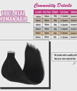 Remy Tape-in Hair Extensions - 100% Echt Menselijk Haar, Natuurlijk Zwart, Naadloos