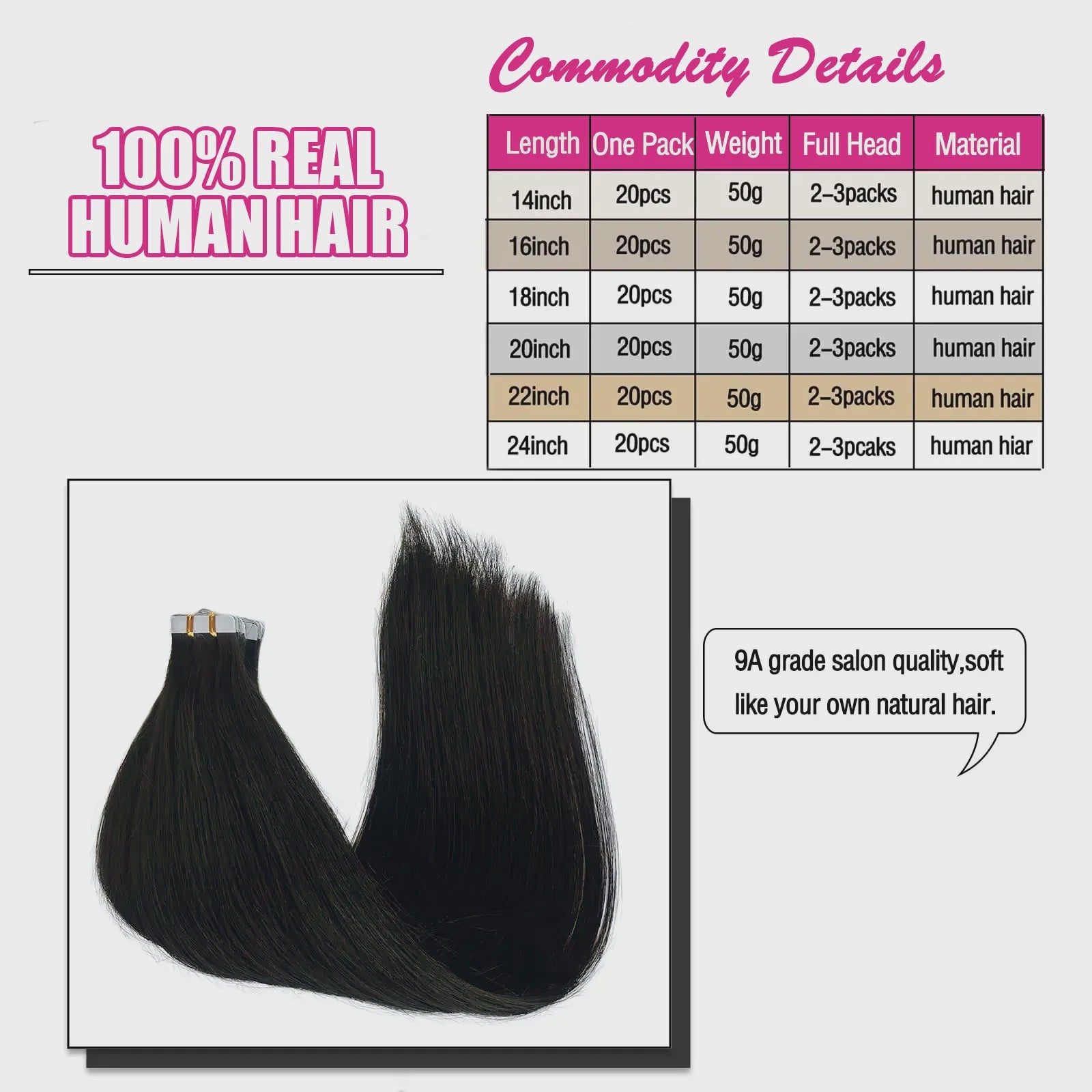 Remy Tape-in Hair Extensions - 100% Echt Menselijk Haar, Natuurlijk Zwart, Naadloos
