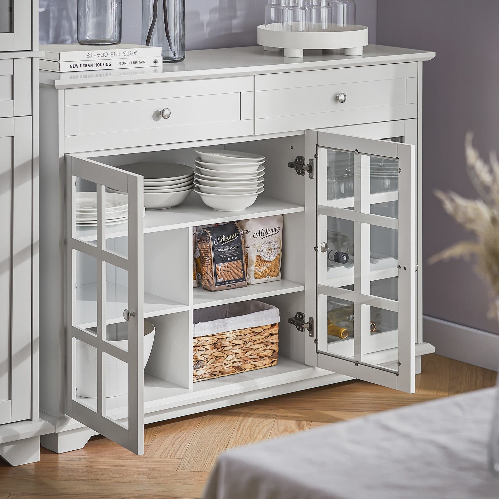 Witte Keuken Buffetkast met Glazen Deuren - Keuken Eiland, Sideboard, Bar & Eettafel