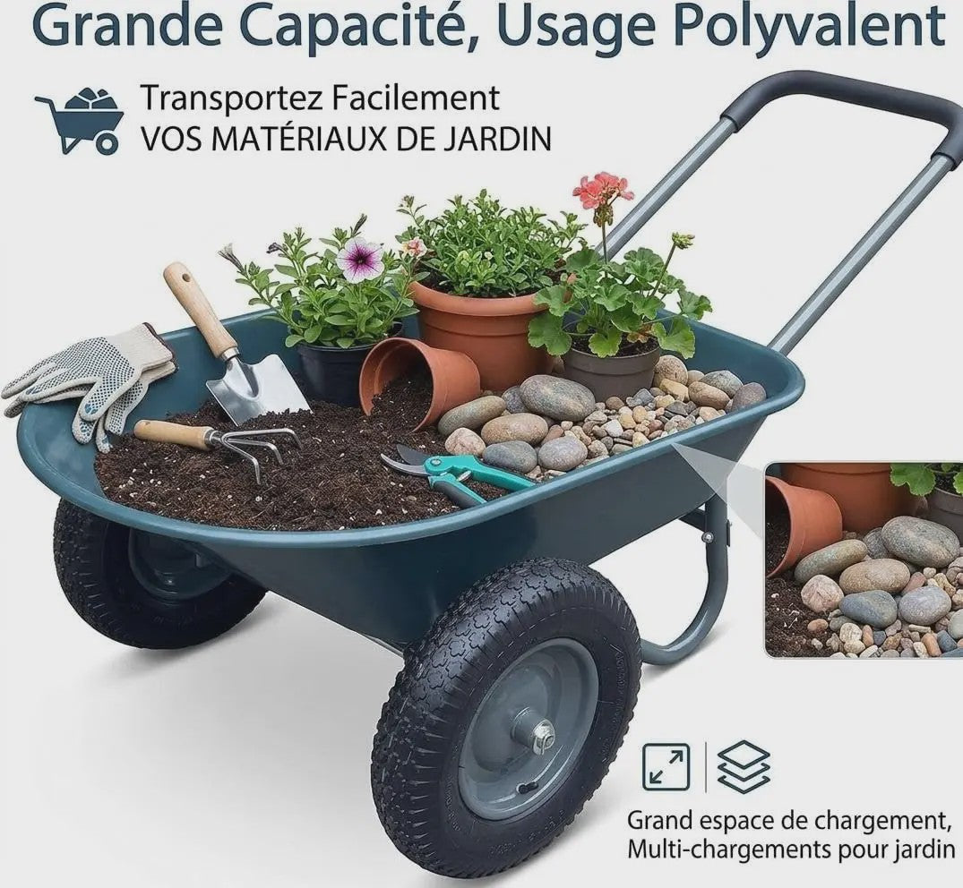 Stevige 2-wiel kruiwagen voor tuin en buiten – 120 kg capaciteit, ijzeren bak & kunststof