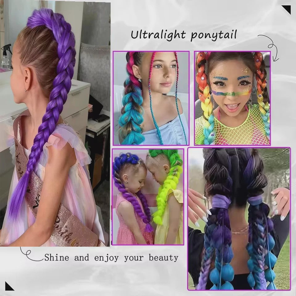 Paarse Vlecht Haarstuk met Clips - 26 Inch Synthetisch Verlengstuk voor Kinderen