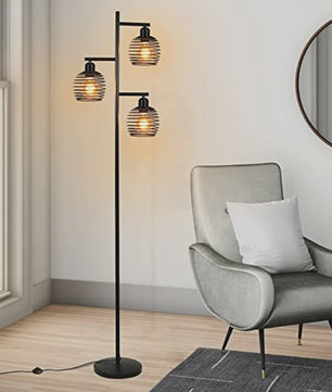 Industriële Staande Lamp Zwart Metaal - 3 Lichtpunten, E27 Fitting, 152cm Hoog