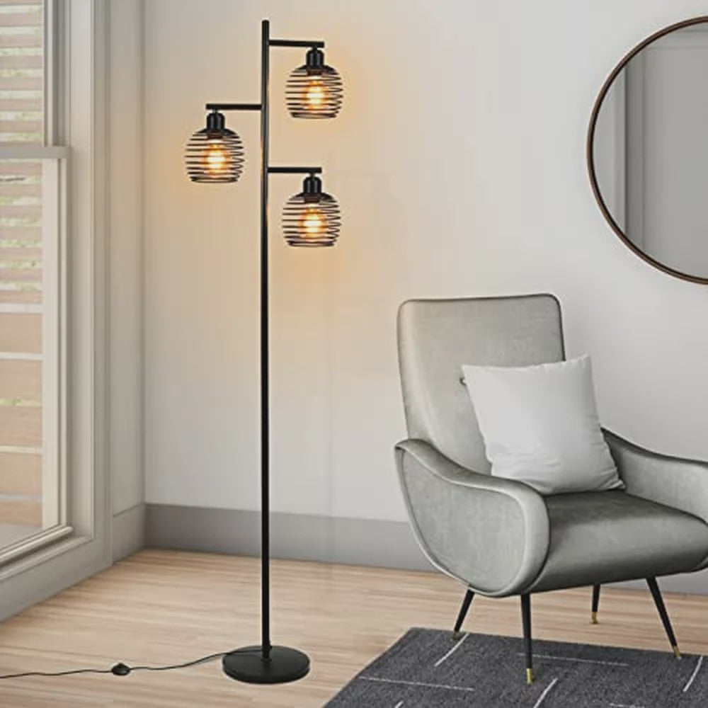Industriële Staande Lamp Zwart Metaal - 3 Lichtpunten, E27 Fitting, 152cm Hoog