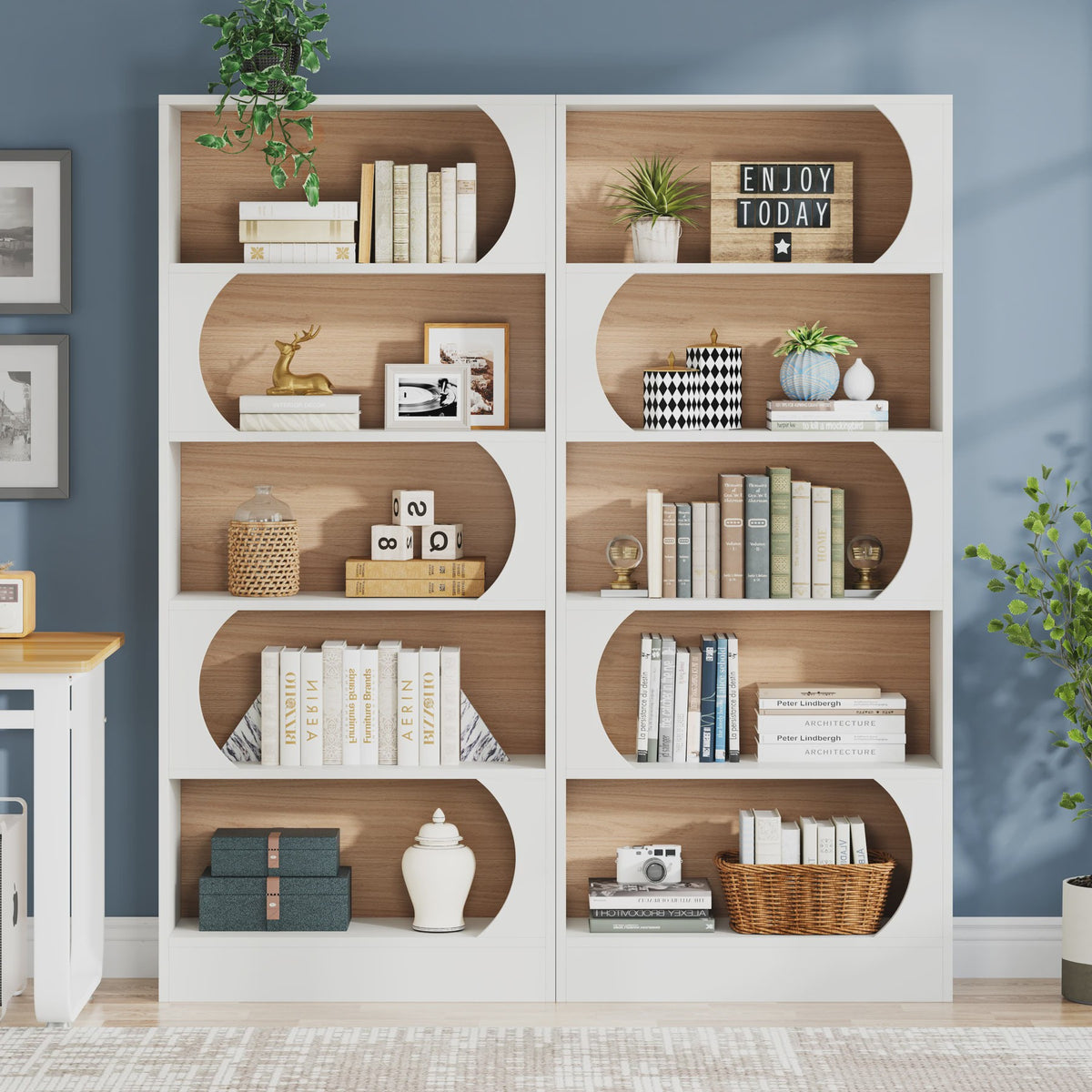 Stijlvolle Boekenkast 5 Lagen - Wit & Walnoot - 180cm Hoog