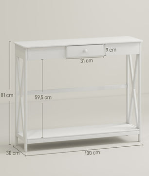 Witte Houten Console Tafel met Lade en Opbergplank - 100x30x81 cm