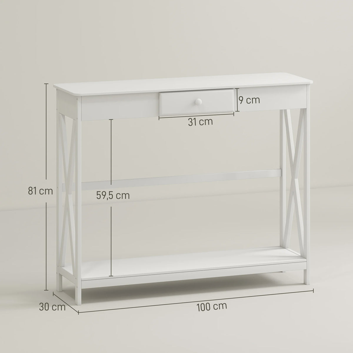 Witte Houten Console Tafel met Lade en Opbergplank - 100x30x81 cm
