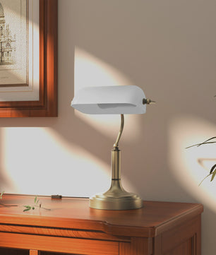 Klassieke Bankiers Bureaulamp met Verstelbare Witte Kap - E27 Fitting