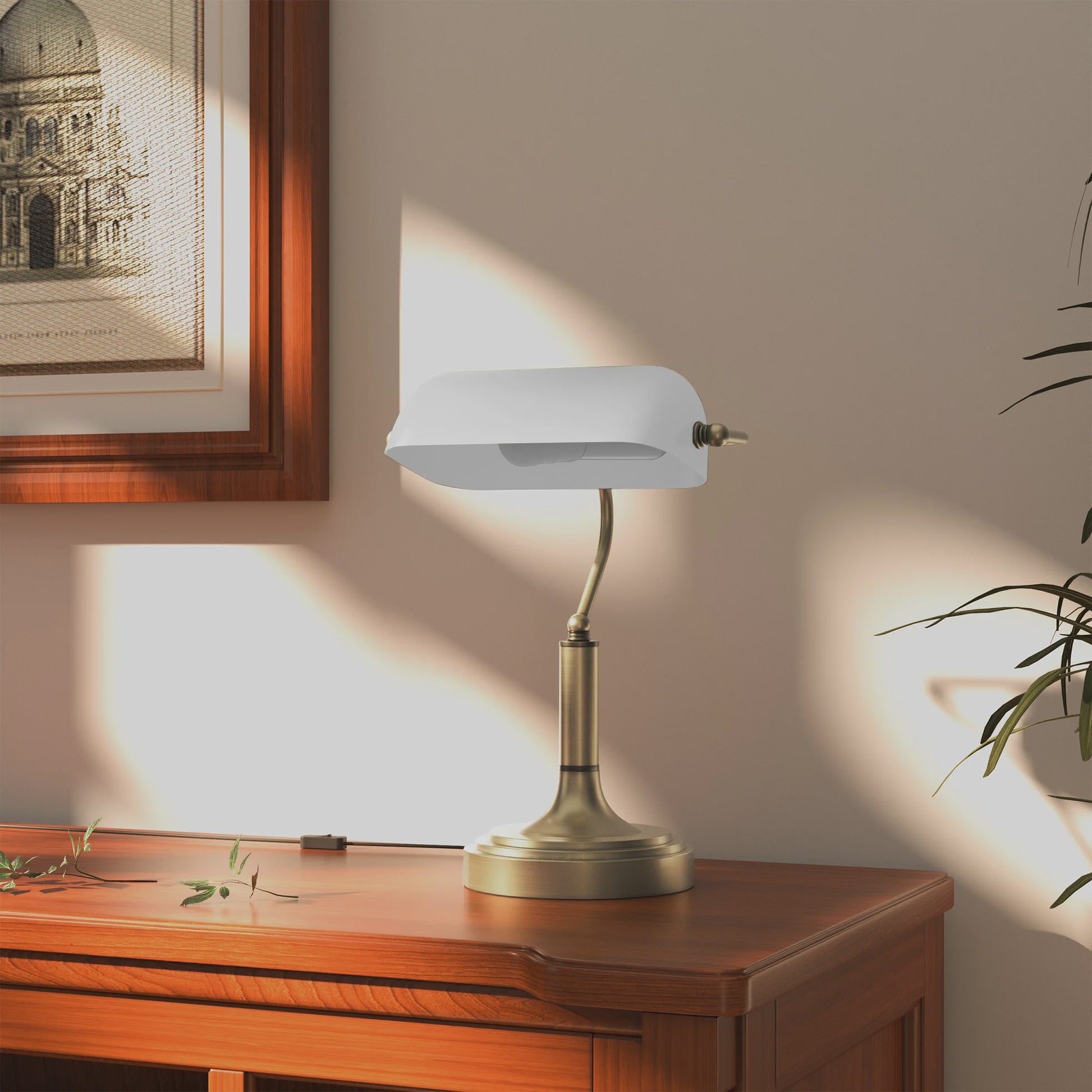 Klassieke Bankiers Bureaulamp met Verstelbare Witte Kap - E27 Fitting
