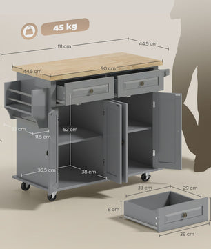 Grijze Keuken Eiland met Wielen - Keukenwagen met Opbergruimte, Kruidenrek en Handdoekhouder