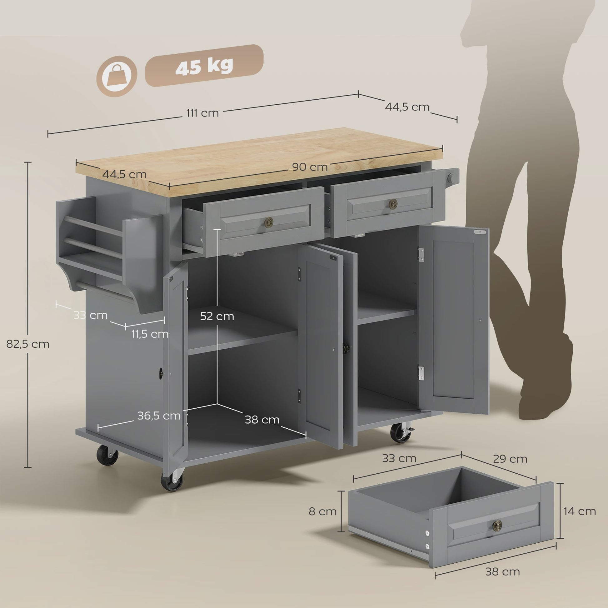 Grijze Keuken Eiland met Wielen - Keukenwagen met Opbergruimte, Kruidenrek en Handdoekhouder