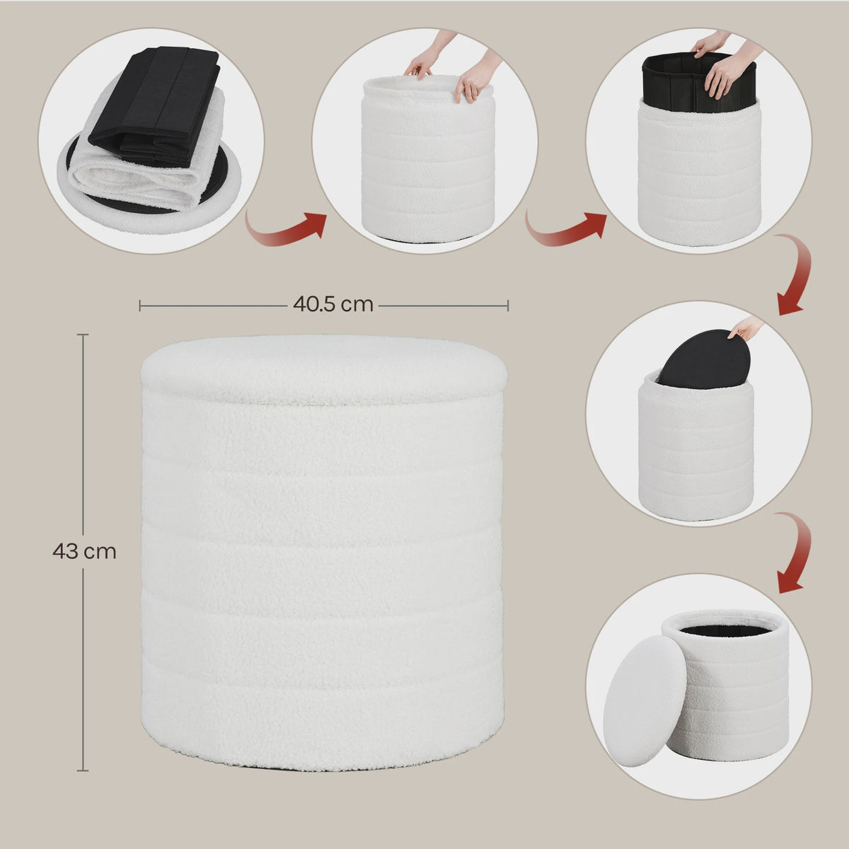 WOLTU Opvouwbare Opbergkruk met Teddy Fleece Bekleding - Ruimtebesparende Voetenbank voor Woonkamer & Slaapkamer