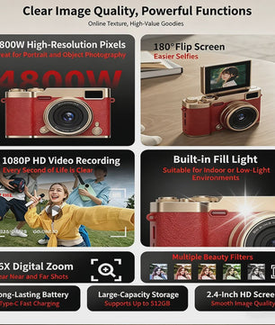 Compacte Digitale Camera met 4K Ultra HD, 16x Zoom & Draaibaar 180° Scherm voor Vlogs