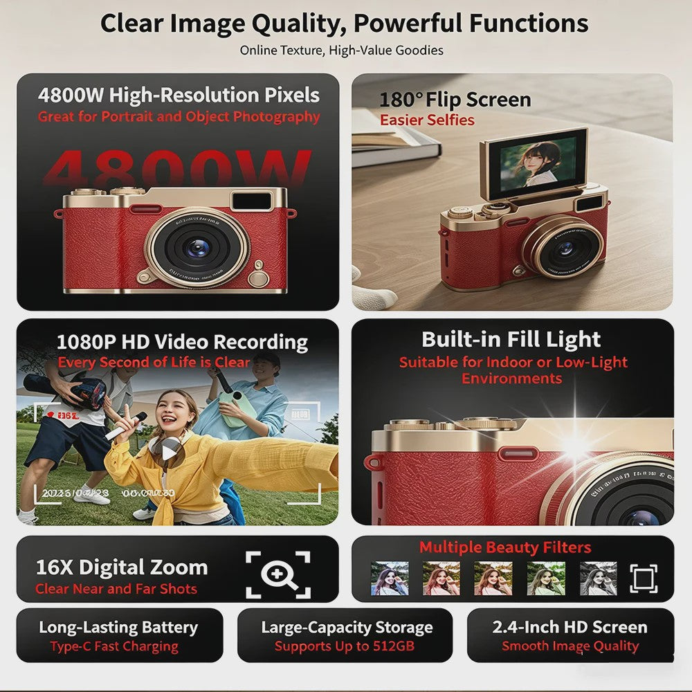 Compacte Digitale Camera met 4K Ultra HD, 16x Zoom & Draaibaar 180° Scherm voor Vlogs