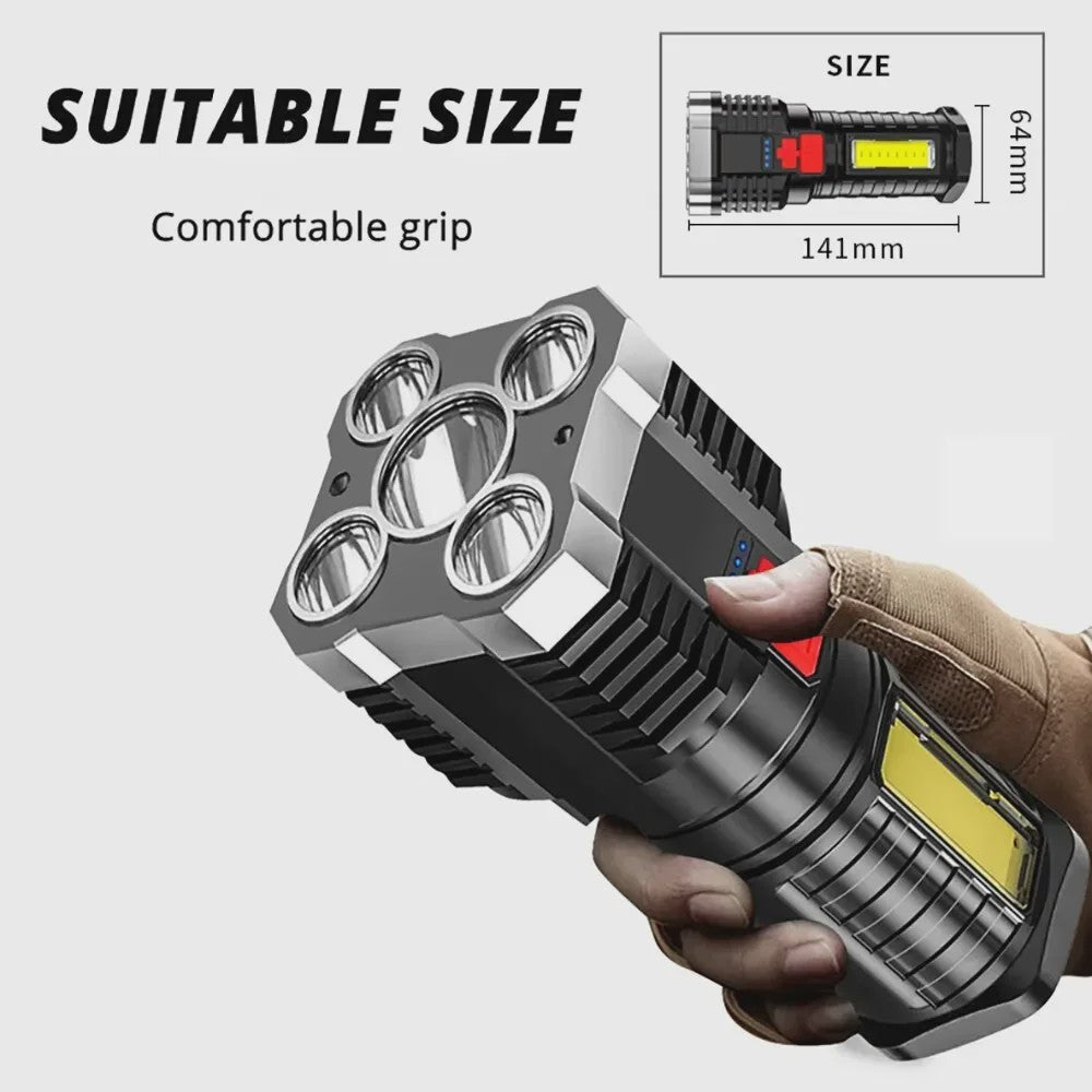 Krachtige Oplaadbare LED Zaklamp met Zijlicht - 5 LED's & COB