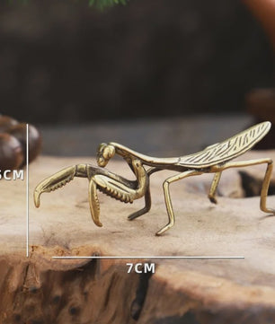 Antiek Messing Bidsprinkhaan Ornament - Miniatuur Insectbeeldje voor Bureau & Feng Shui