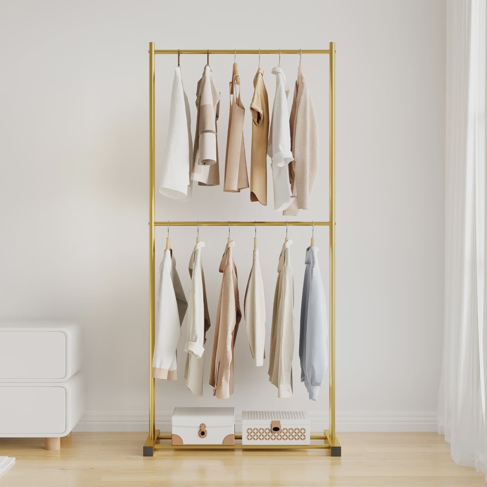 Stabiele Kledingrek Dubbellaags - Multifunctioneel & Nordic Stijl - Zwart, Wit, Goud