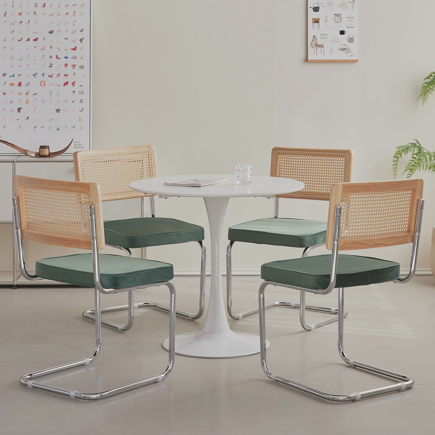 Set van 2/4 Retro Eetkamerstoelen met Rotan Rugleuning en Gestoffeerde Zitting