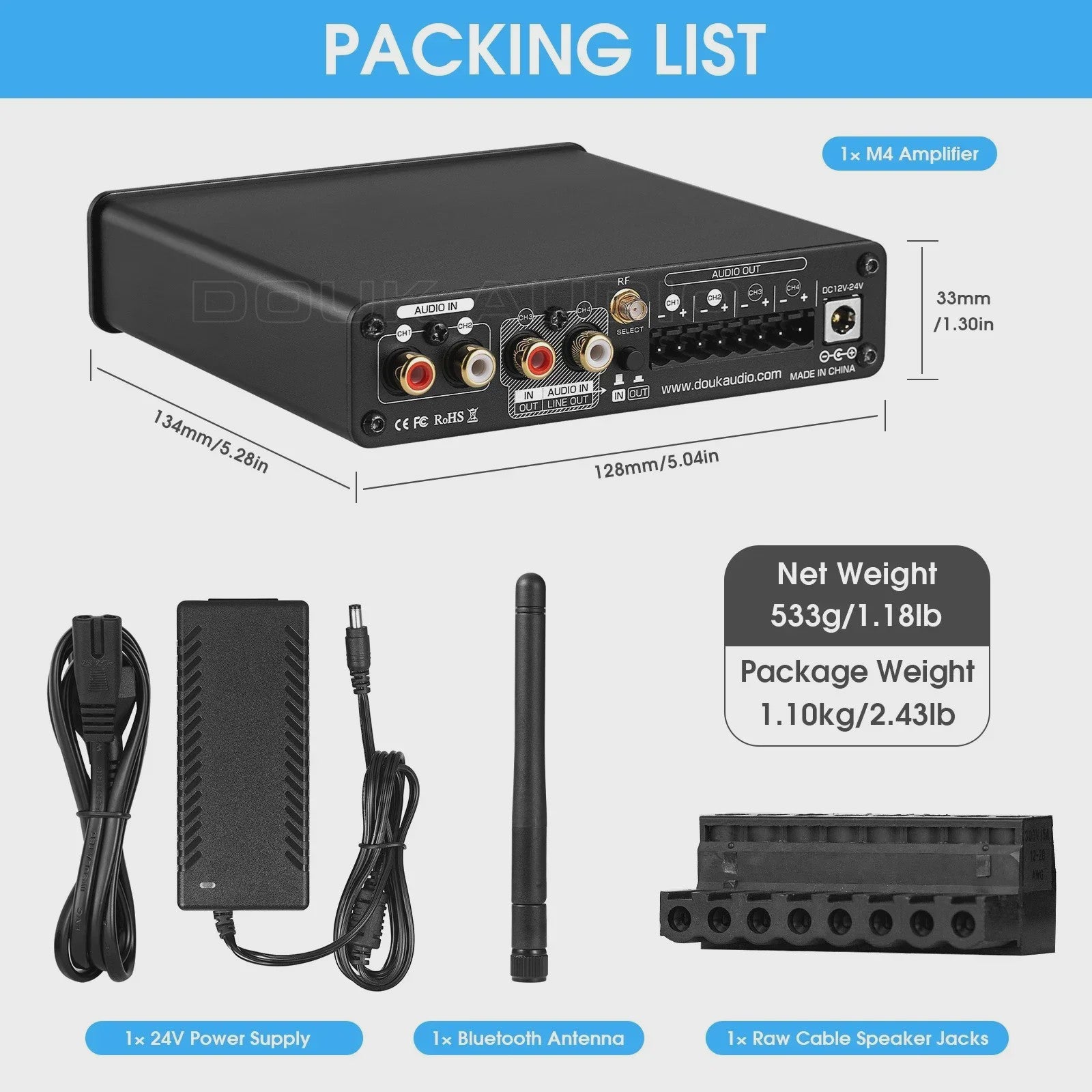 Nobsound HiFi Stereo Bluetooth 5.0 Versterker met USB Muziekspeler - 4 Kanaals Audio Receiver 50W*4