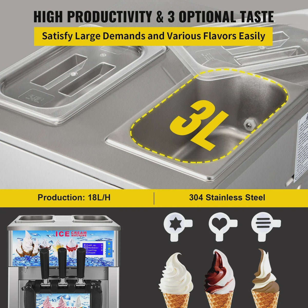 Professionele Soft Serve IJsmachine - 3 Smaken, 18L/U, 1200W, Roestvrij Staal