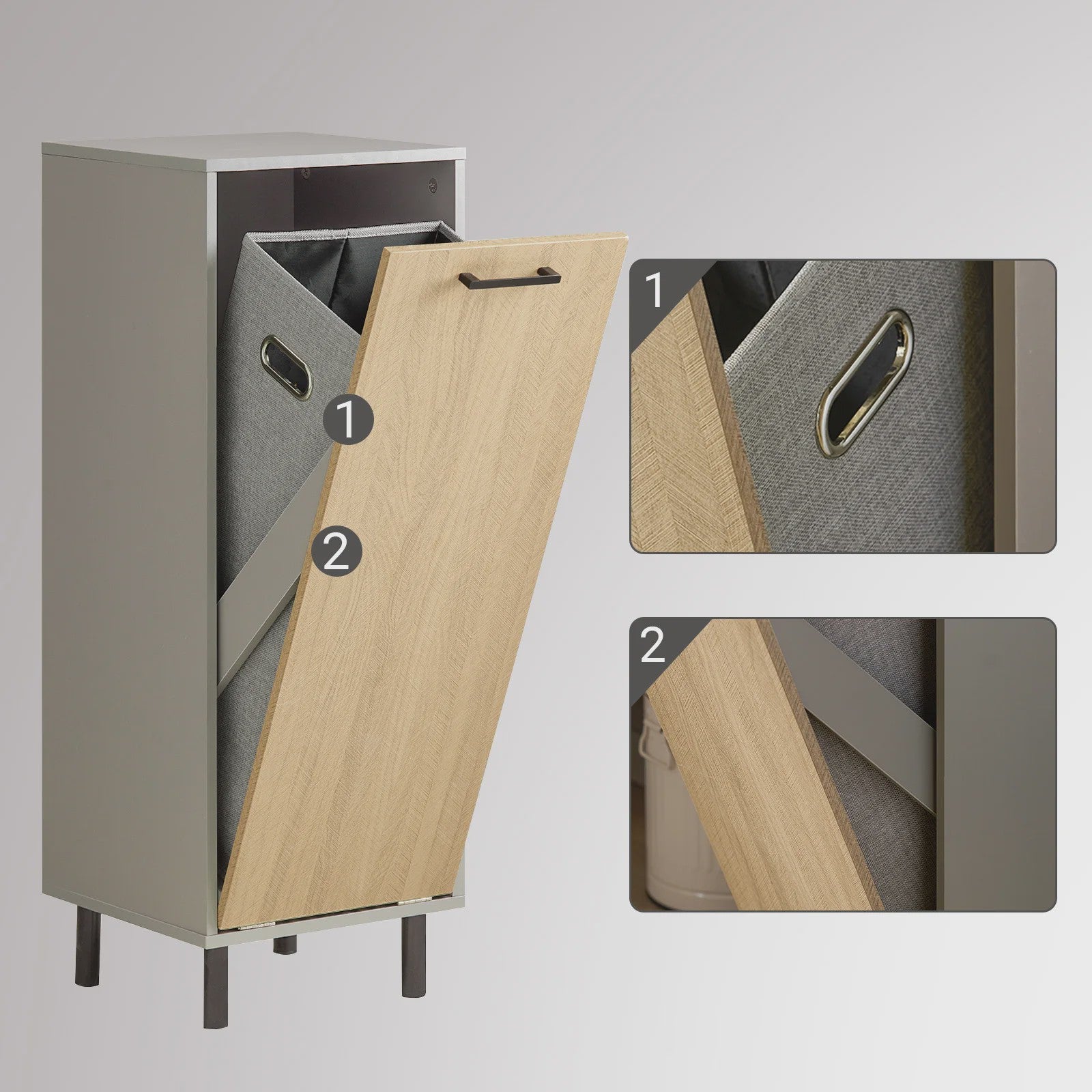 SoBuy Wasgoedkast met Uitklapbare Waszak - Badkamer Opbergkast - Natuurgrijs - 31.5x86x30cm