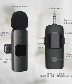 Basix 4-in-1 Draadloze Lavalier Microfoon voor iPhone & Android - Mini Microfoon met Noise Cancelling