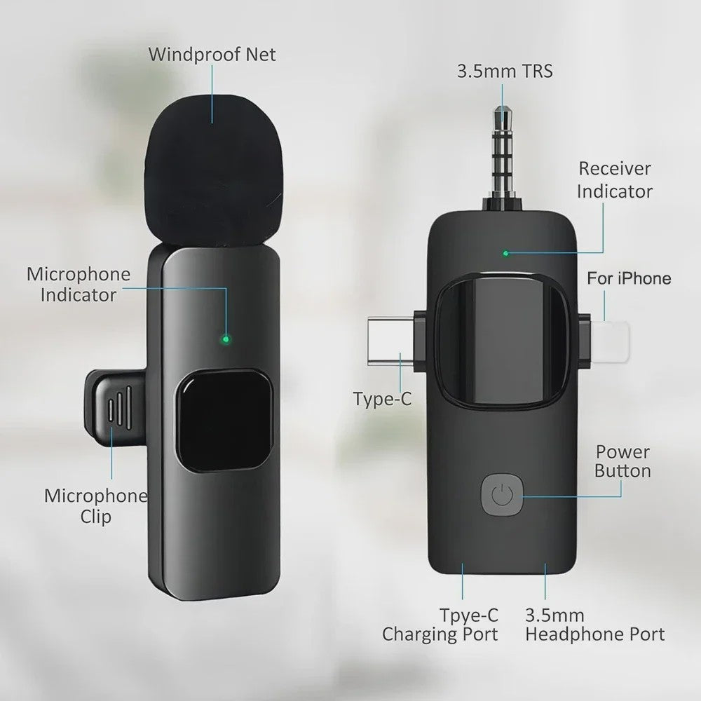 Basix 4-in-1 Draadloze Lavalier Microfoon voor iPhone & Android - Mini Microfoon met Noise Cancelling