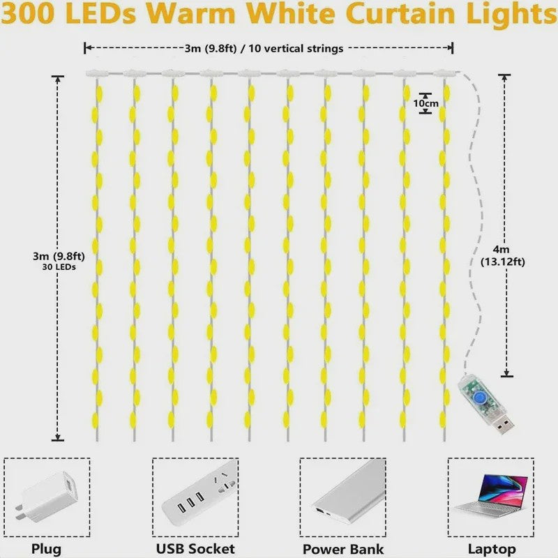 3M LED Gordijn Lichtjes - Sprookjesachtige USB Feestverlichting met 8 Modi voor Huis, Tuin, Kerst & Bruiloft