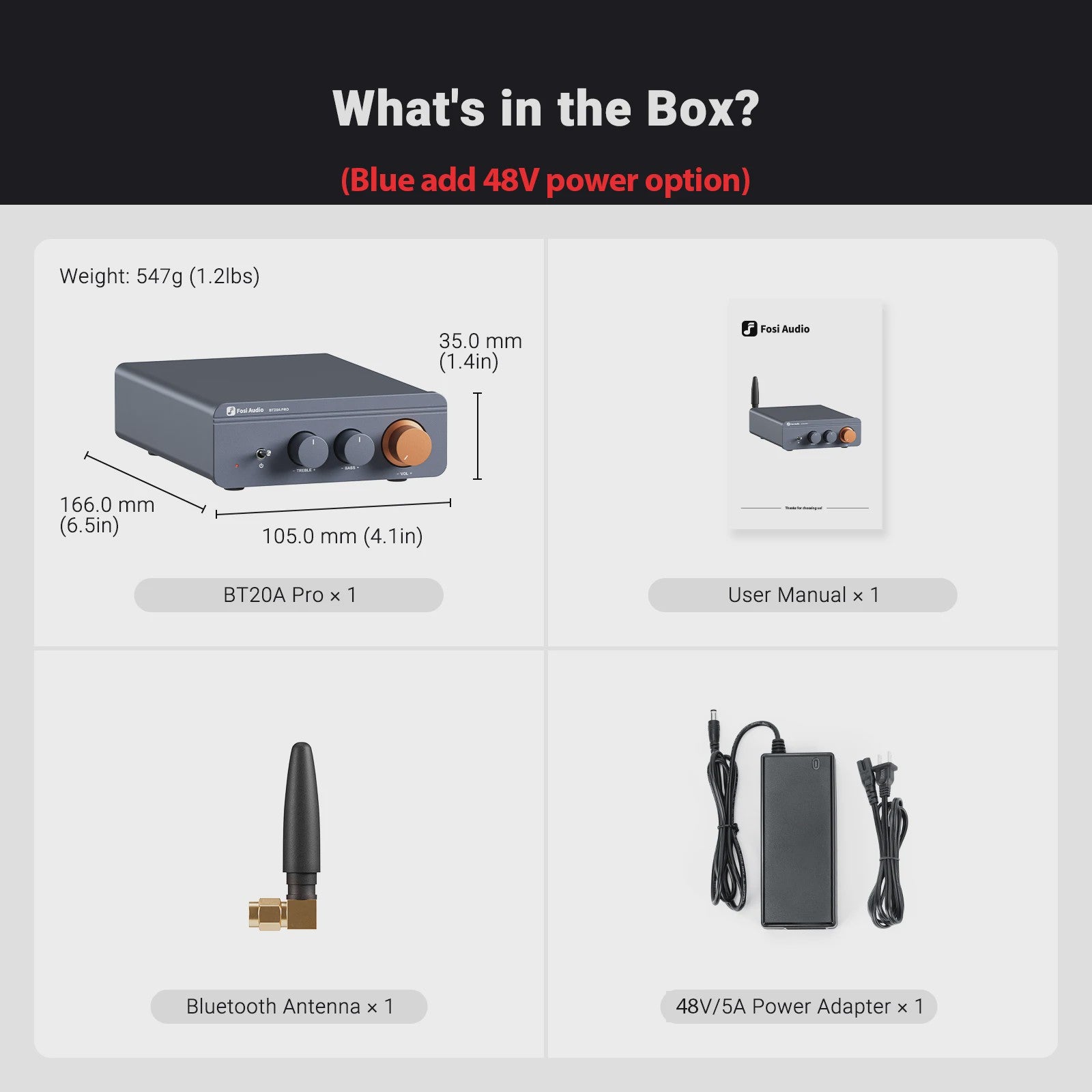 Fosi Audio BT20A PRO Bluetooth 5.0 Versterker - 2x 300W Mini HiFi Stereo Klasse D Audio Versterker met Bass & Treble Controle