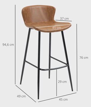 Set van 2 Hoge Keuken Barkrukken met PU Leren Rugleuning - Bruin, 120 kg draagkracht