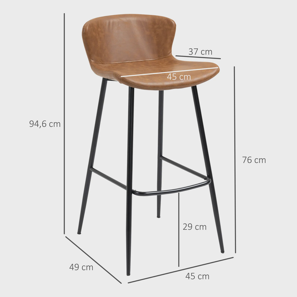 Set van 2 Hoge Keuken Barkrukken met PU Leren Rugleuning - Bruin, 120 kg draagkracht