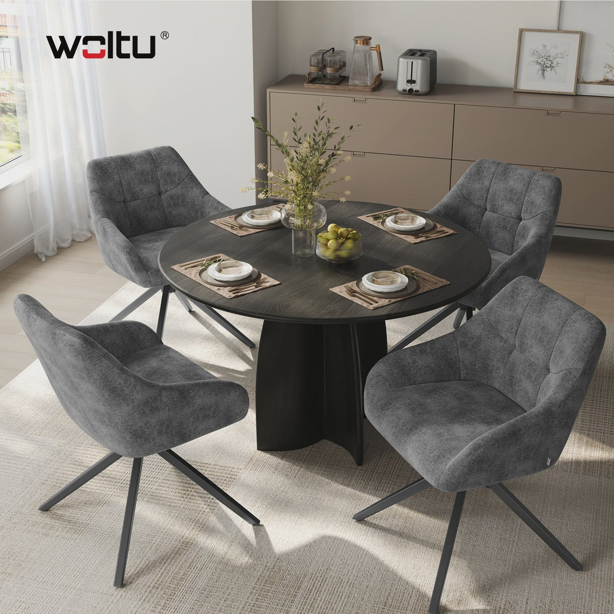 Set van 2 Chenille Eetkamerstoelen - 360° Draaibaar, Ergonomisch & Comfortabel