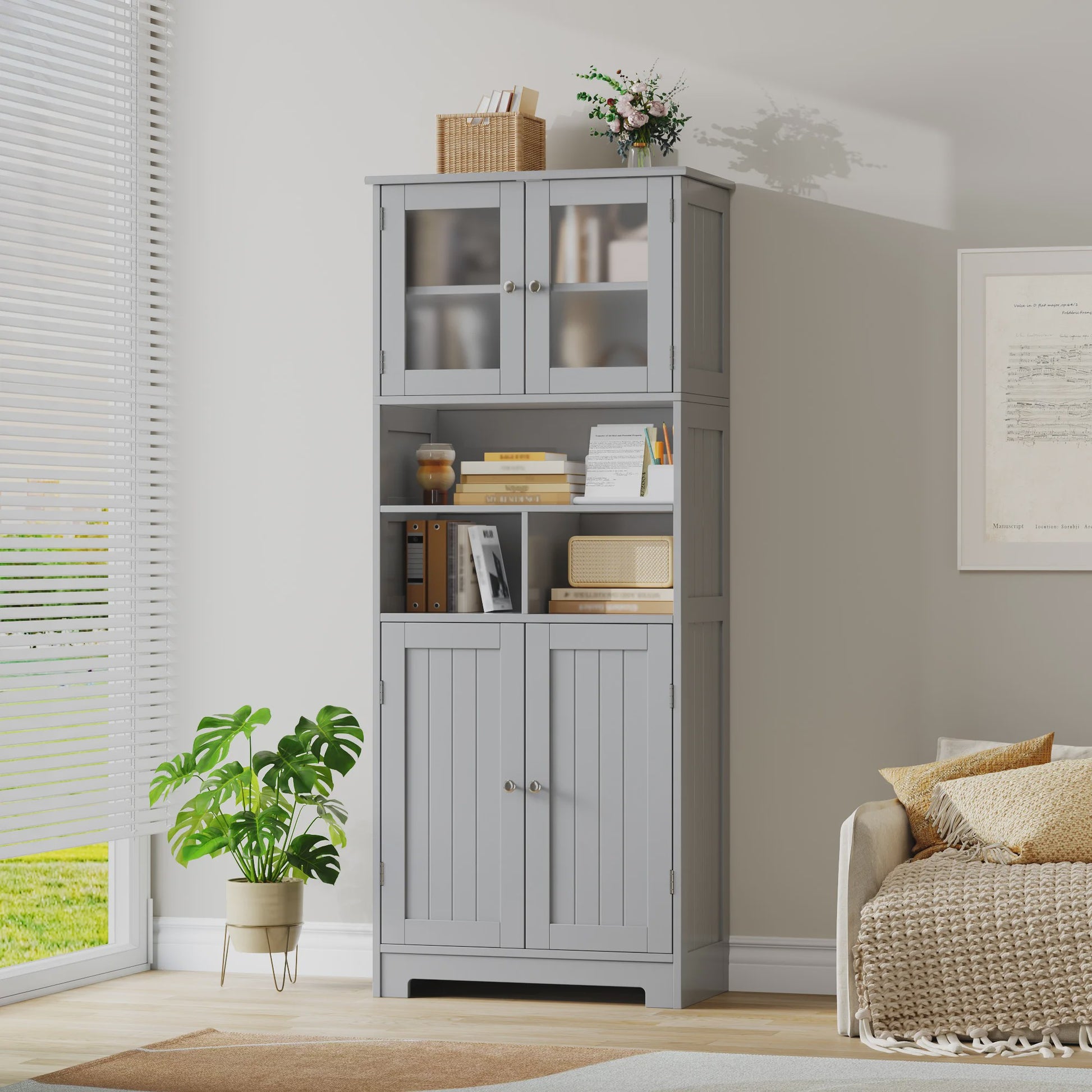Hoge Houten Kast met 4 Deuren - Veelzijdige Opbergkast voor Badkamer of Keuken