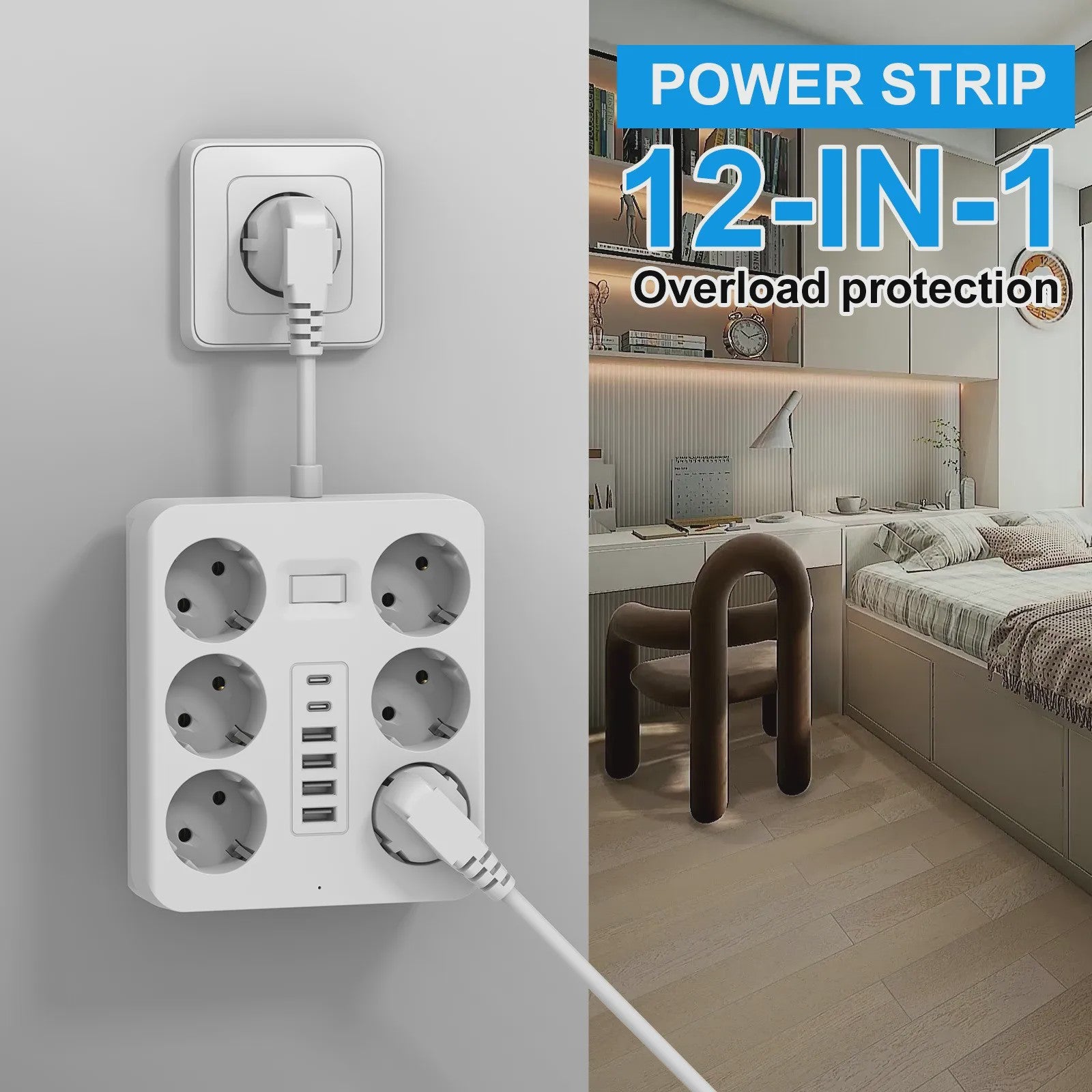 Universele Wandcontactdoos Verlengstuk met 6 AC, 4 USB-A & 2 USB-C Poorten