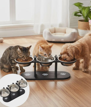 Verhoogde Kattenvoerbak met Houten Standaard & 3 RVS Bakjes - 15° Schuin