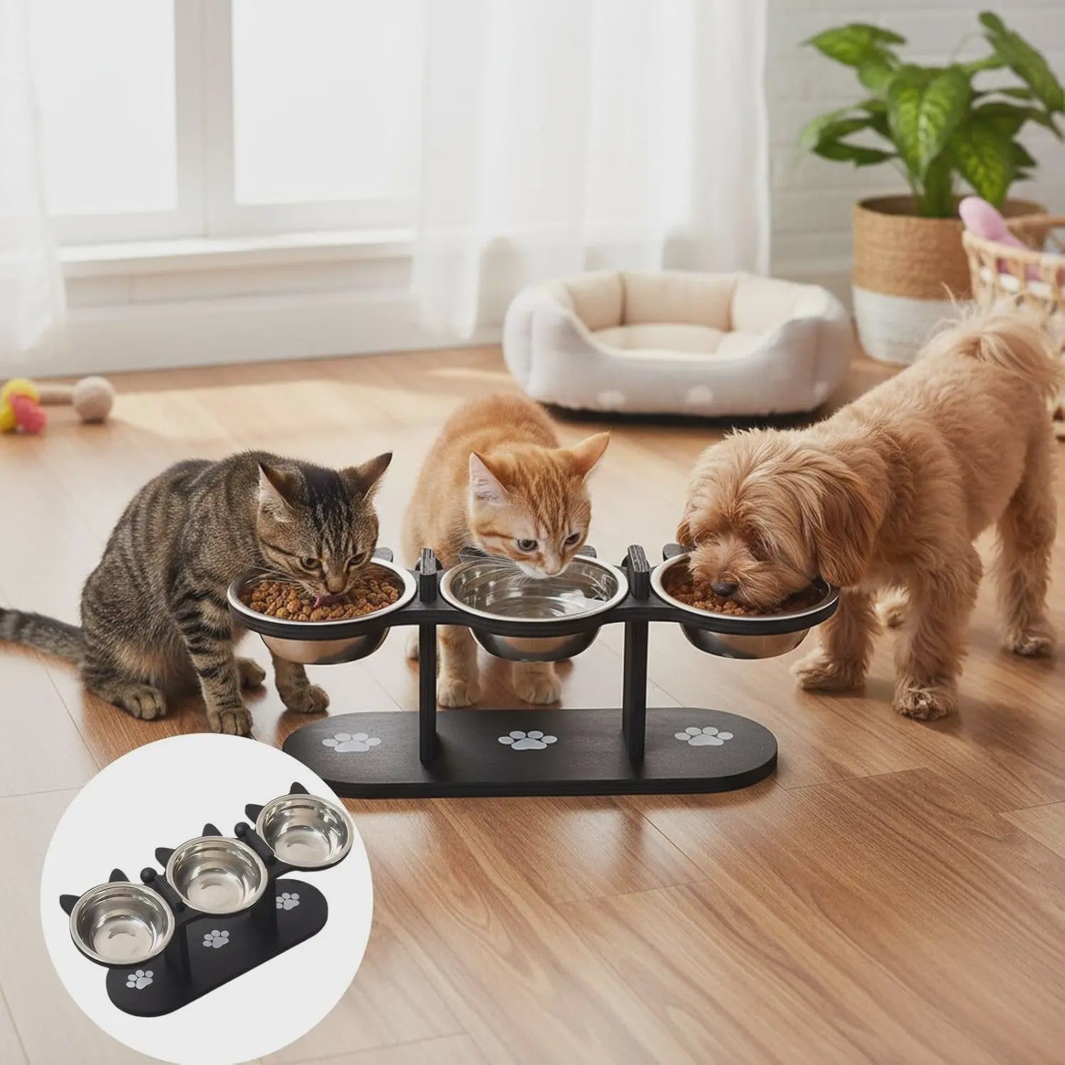 Verhoogde Kattenvoerbak met Houten Standaard & 3 RVS Bakjes - 15° Schuin