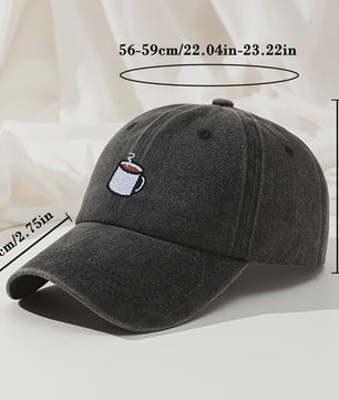 Retro Gewassen Baseball Cap met Koffiekopje Borduurwerk - Verstelbaar & Casual