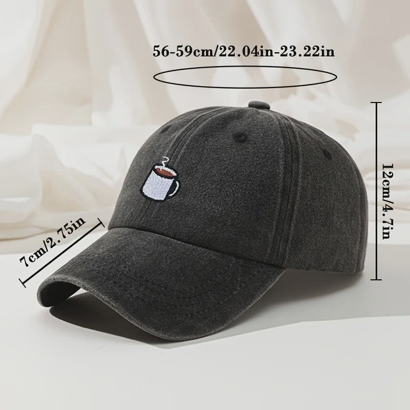 Retro Gewassen Baseball Cap met Koffiekopje Borduurwerk - Verstelbaar & Casual
