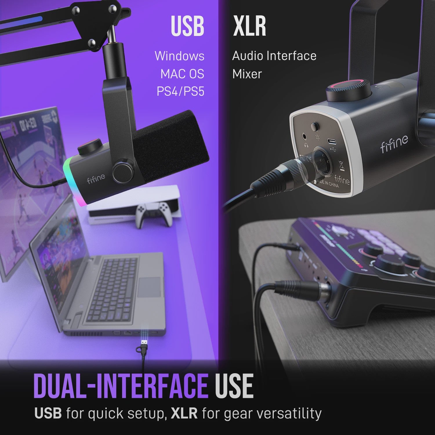 FIFINE AM8PROT Gaming Microfoon Kit met Boom Arm - Dynamische XLR/USB Streaming Microfoon met RGB, Mute & Mix Control