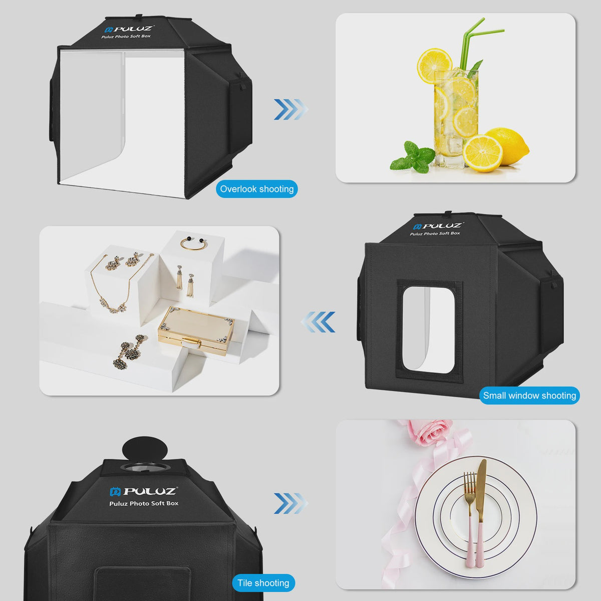 Puluz 40cm Fotostudio Lightbox Softbox Kit met 4 Kleuren Achtergronden - Opvouwbaar