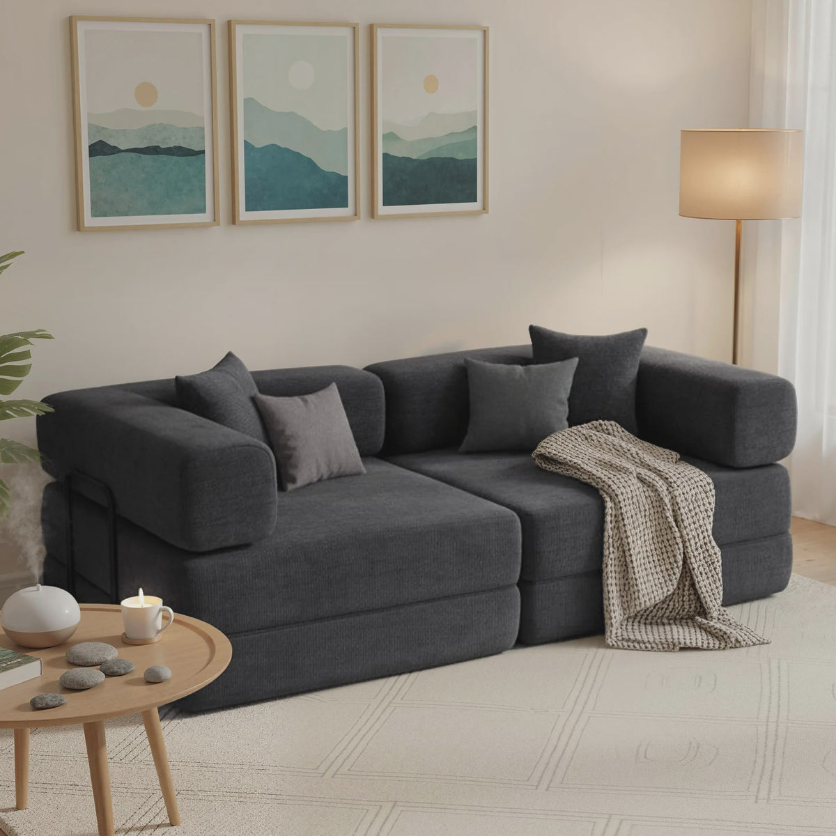 HOMCOM 2-Zits Sofa Bed - Inklapbare Bank met Chenille Bekleding en 2 Kussens