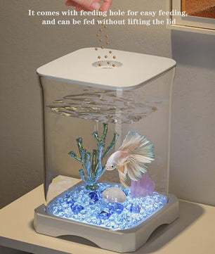 Mini Aquarium Starter Kit voor Betta Vissen & Goudvissen - Compact Desktop Aquarium met Voeropening