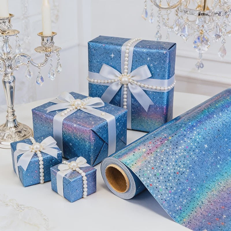 Holografisch Sterren Cadeaupapier Blauw - Glanzend & Feestelijk