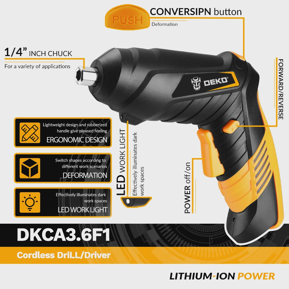 DEKO DKCS3.6F1 Accu Schroefmachine - Draaibaar Handvat & LED Verlichting
